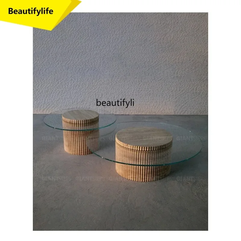 

Natural marble coffee table modern simplicity high sense living room travertine glass round coffee table combination K185