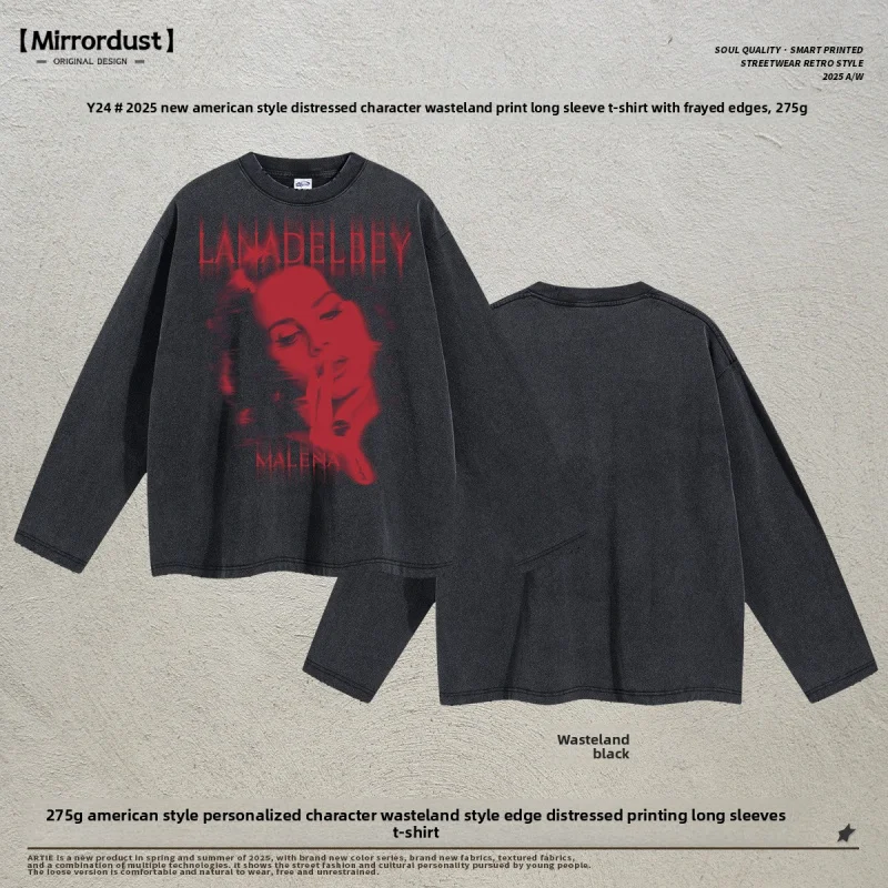 

【Mirrordust】Новая осенняя коллекция275Американский стиль, уникальный характер, стиль Wasteland, потертая винтажная футболка с длинными рукавами и принтом