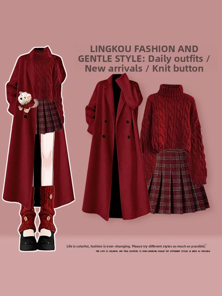 Winter Nieuwjaarsset voor dames: grote maat, rode gebreide trui met geruite rok, hoge taille, zachte stijl