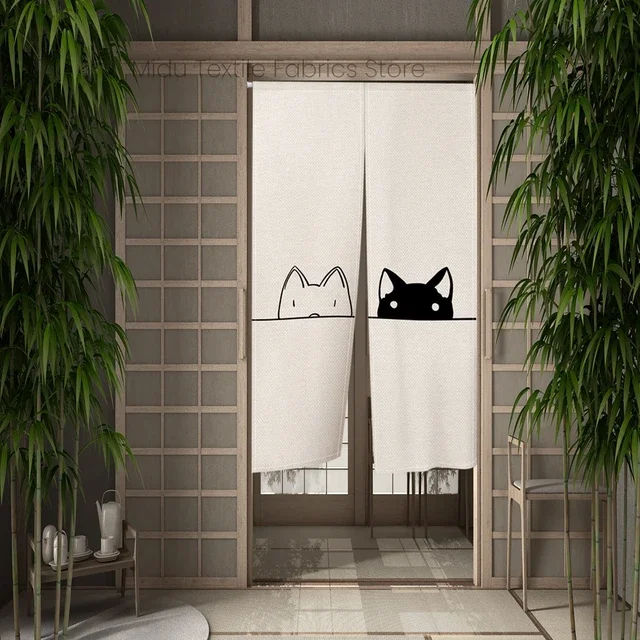 Hand Painted Cartoon Cat Japanese Door Curtain Partition Kitchen Living Room Entryway Half Curtain Noren Bathroom Doorway Decor