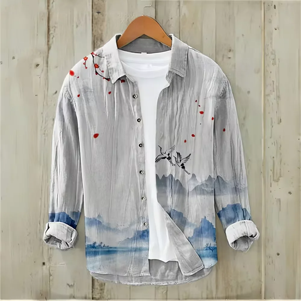 Men\'s long-sleeved linen printed shirt 2024 independent station hot style European and American best-selling Crane casual retro