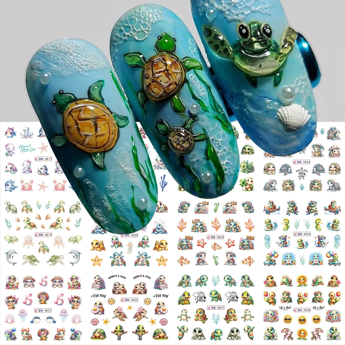 12 Designs Cute Sea Turtle Summer Nail Art Stickers Dolphins Stars Ocean Theme Water Transfer Manicure Charm Sliders Decoration