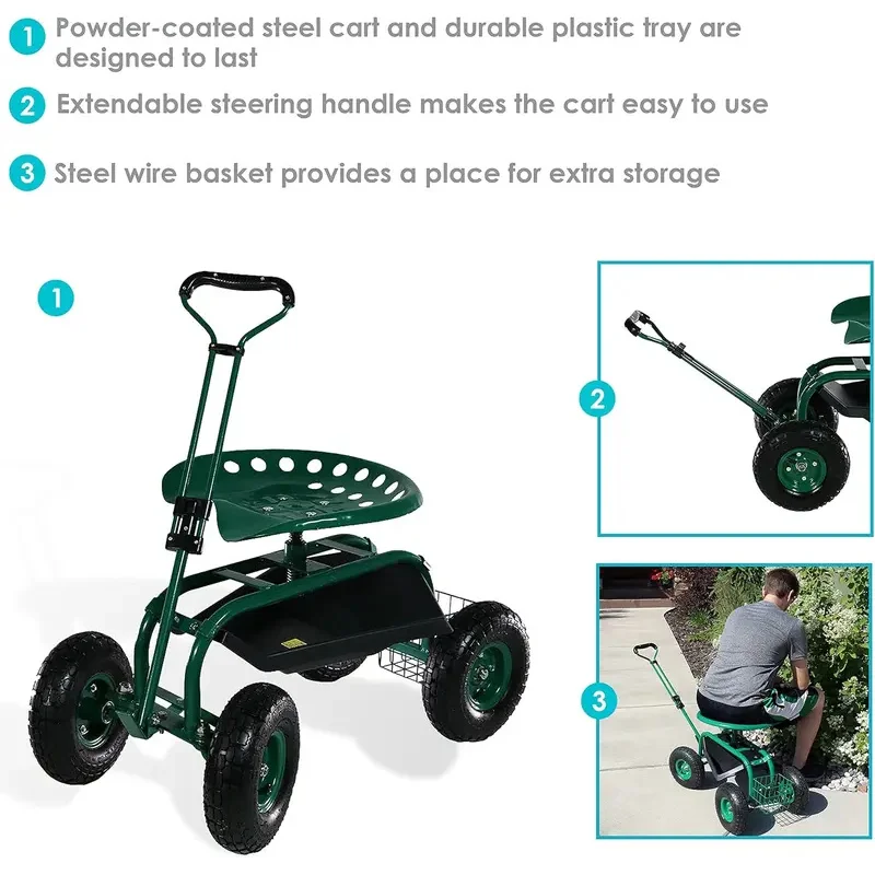 Garden Cart Rolling Scooter with Extendable Steering Handle -Swivel Seat and Utility Basket - Green