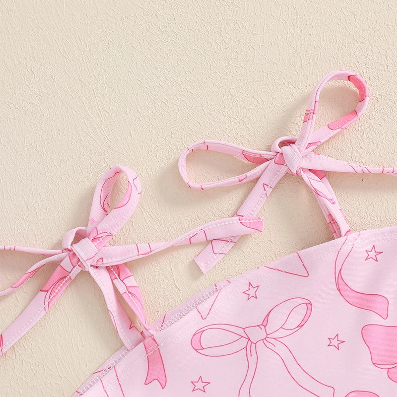 Zweiteiliges Badeanzug-Set für Kinder und Mädchen mit elastischem Bund und niedlichem Schleifen-Print-Design für Sommer-Strand-Spaß