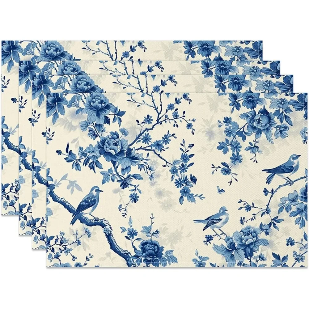 Blue Bird and Flower Placemats  Traditional Chinese Blue and White Pattern Place Mats for Kitchen Dining Room Decor