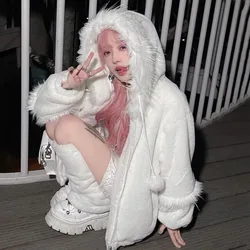 Japanese White Kawaii Plush Sweatshirt Coat Loose Casual Warm Hoodies For Female Autumn Winter Cute Solid Sweatshirts Jackets