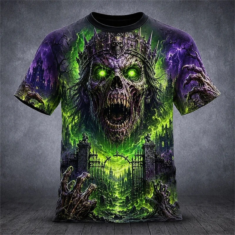 Men's Summer “Reaper” Skull Cool Print Short-Sleeve T-Shirt Fashionable Round-Neck Short-Sleeve Top Halloween-Themed Shirt
