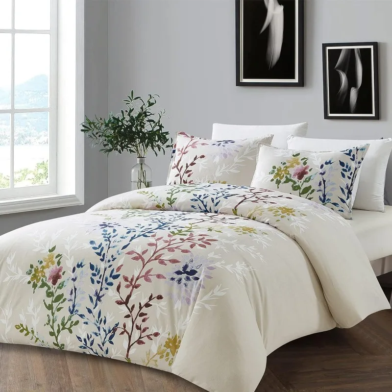 

Style Quarters Dahlia Lane 3pc Duvet Cover Set - Multi-Color Floral Stems with White Leafy Silhouettes - 100% Cotton - Machine