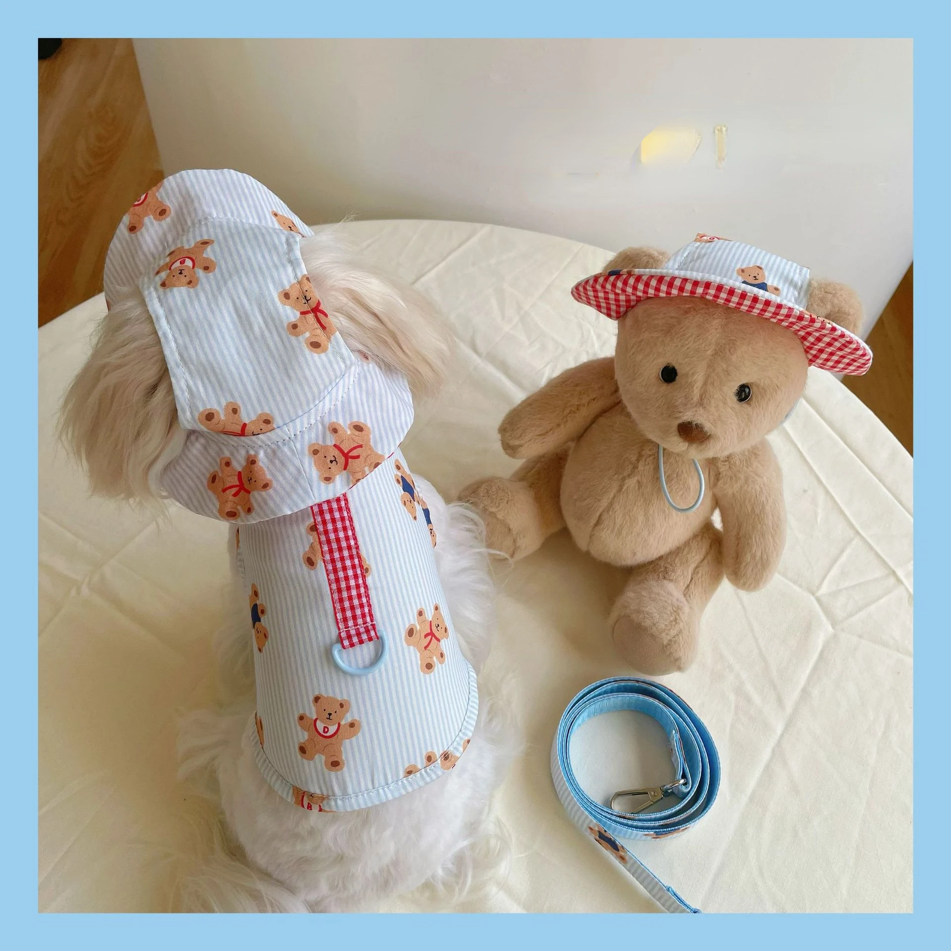 New INS Wind Summer Sun Hat Pure Cotton Cute Striped Bear Hit Color Chest Back Suspender Skirt Pet Suit Traction Rope Cartoon