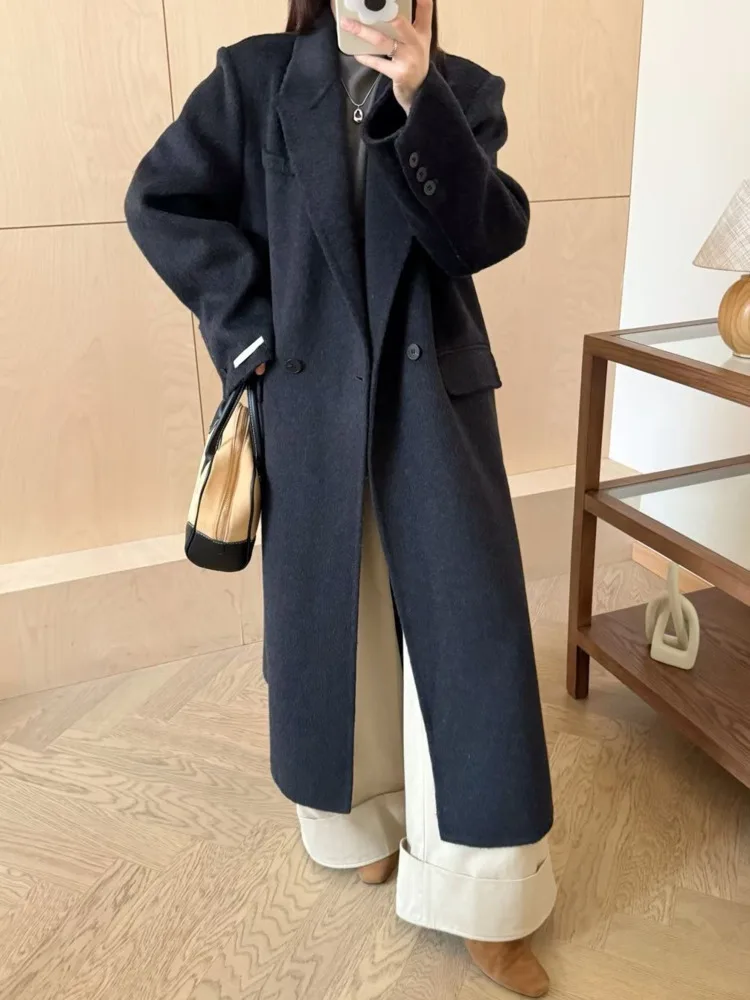 ZMEENNA Cappotto lungo classico oversize in misto lana da donna con design con risvolto dentellato e chiusura con un bottone ZM3670