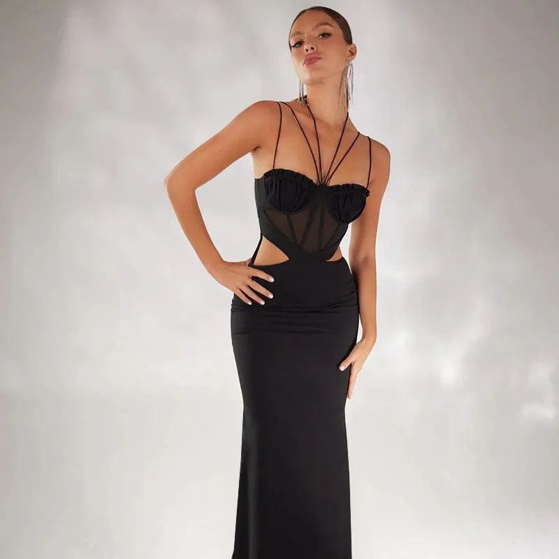 Moda crittografica Cut Out Mesh Sheer Maxi Dress Gown abiti eleganti per le donne Party Club senza maniche abiti Sexy Halter