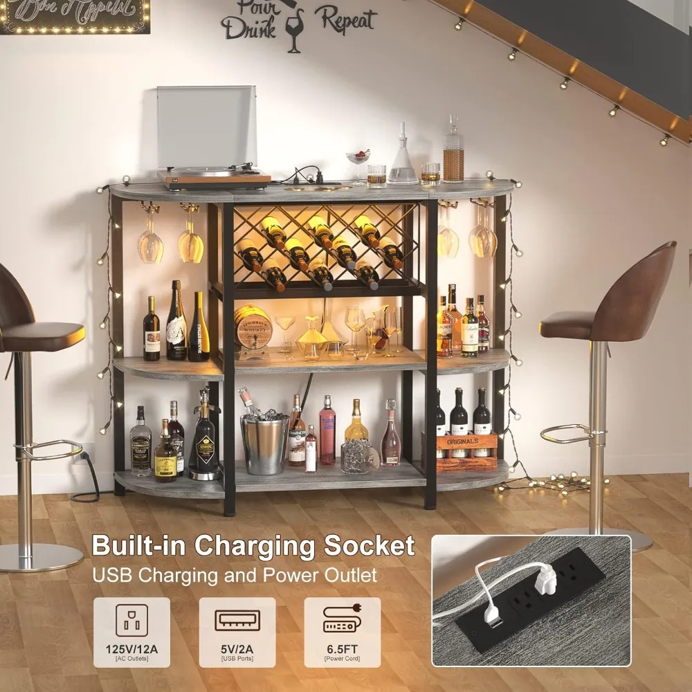 4-Tier Metal Coffee Bar Cabinet with Outlet and LED Light, Freestanding Floor Table for Liquor Glass Holder Wine Rack