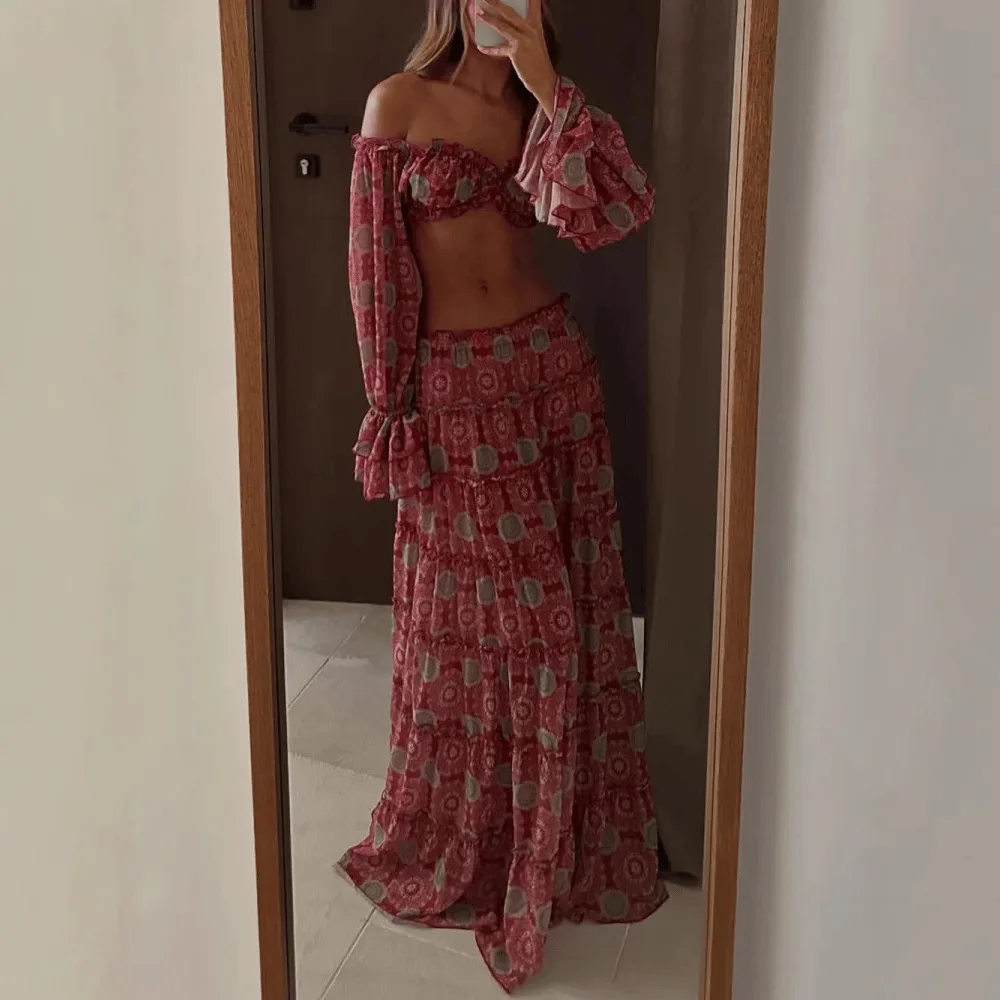 Nueva ropa de mujer, top corto con hombros descubiertos y falda larga, estampado informal y sexy europeo y americano