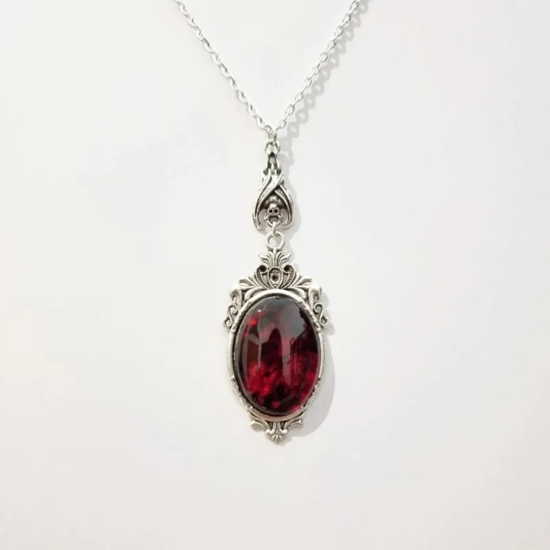 Goth Victoria Sliver Color Vampire Bat Oval Lacework Blood Red Glass Crystal Pendant Necklace for Women Halloween Witch Jewelry