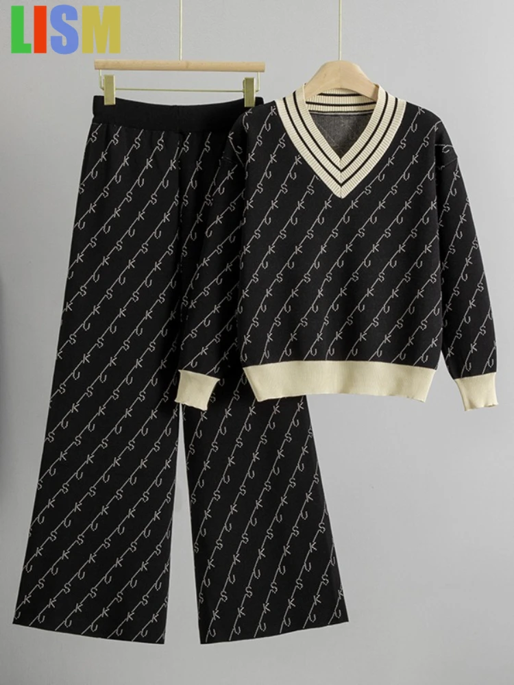 

LISM winter two piece set Women's tracksuit Double sided Jacquard V-neck Sweater Temperament Knitted Wide Leg Pants Set