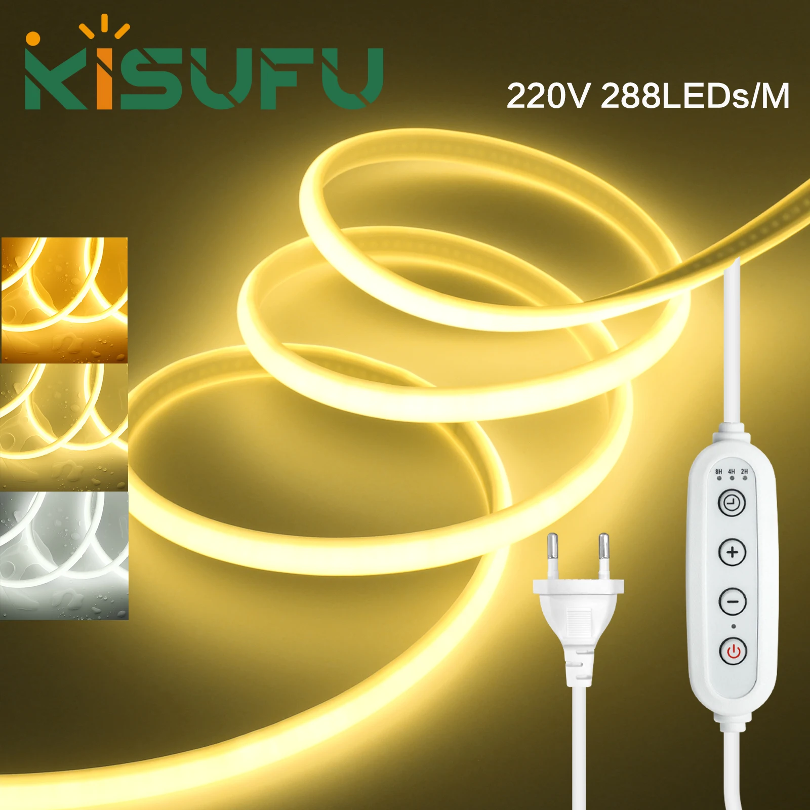 

Диммируемая светодиодная лента COB 220В с выключателем/таймером, 288 светодиодов/м, теплый/нейтральный белый свет, IP67, гибкая молочная трубка, для освещения помещений и сада, линейное освещение