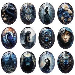 10pcs/lot Halloween Gothic Dark Blue Raven Wolf Witch Oval Photo Glass Cabochon Flatback Demo Cameo For Diy Jewelry Making