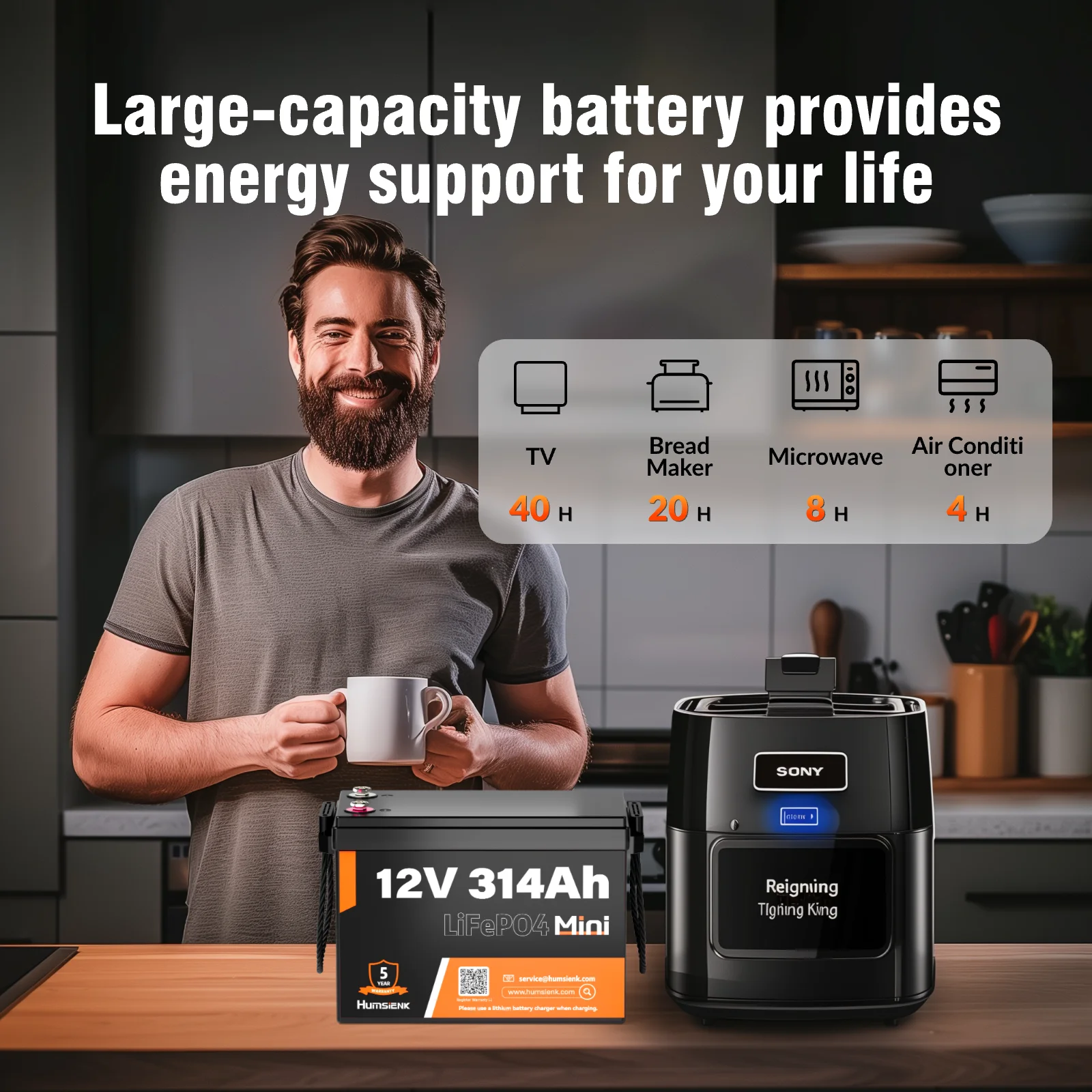Humsienk 12V 314Ah LiFePO4 Battery, Size MINI, Capacity 4019Wh, Built-in 200A BMS, 15000+ Deep Cycle, For Fishing, Portable Power Station, Golf Cart, Boat, Marine, Off-Grid, Solar, 5-Year Warranty