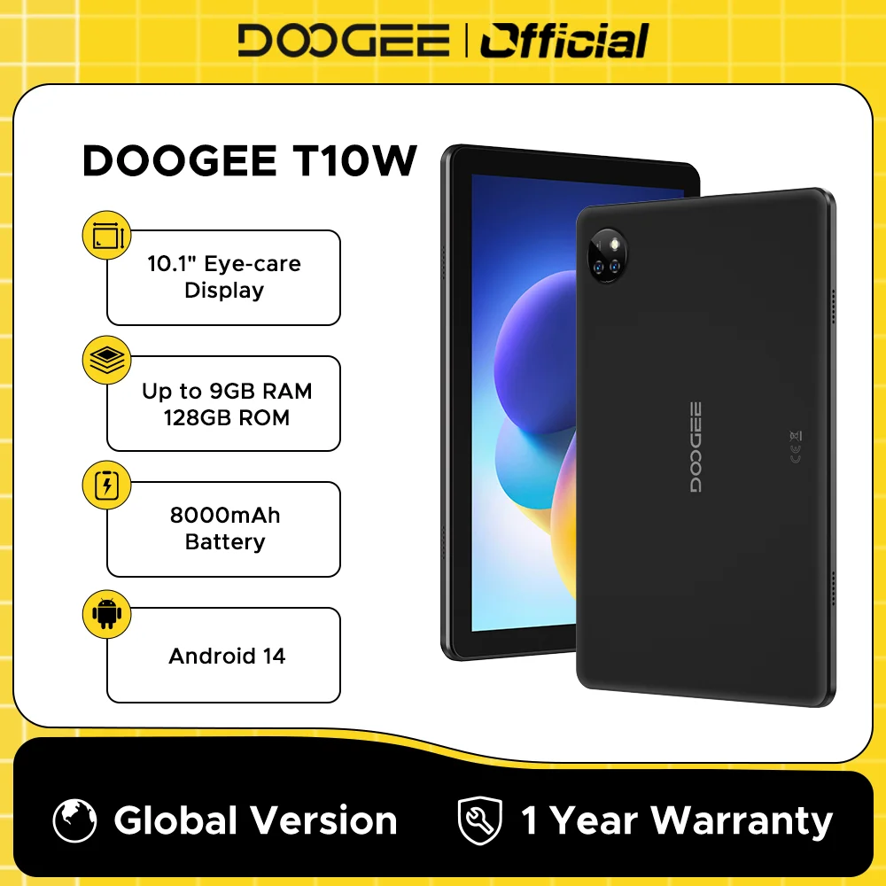 DOOGEE T10W 태블릿 PC, 안드로이드 14, 10.1 인치, TUV 인증 디스플레이, 4GB, 128GB, 쿼드 코어, 듀얼 스피커, 8000mAh, 와이파이, BT5.0, 얼굴 잠금 해제