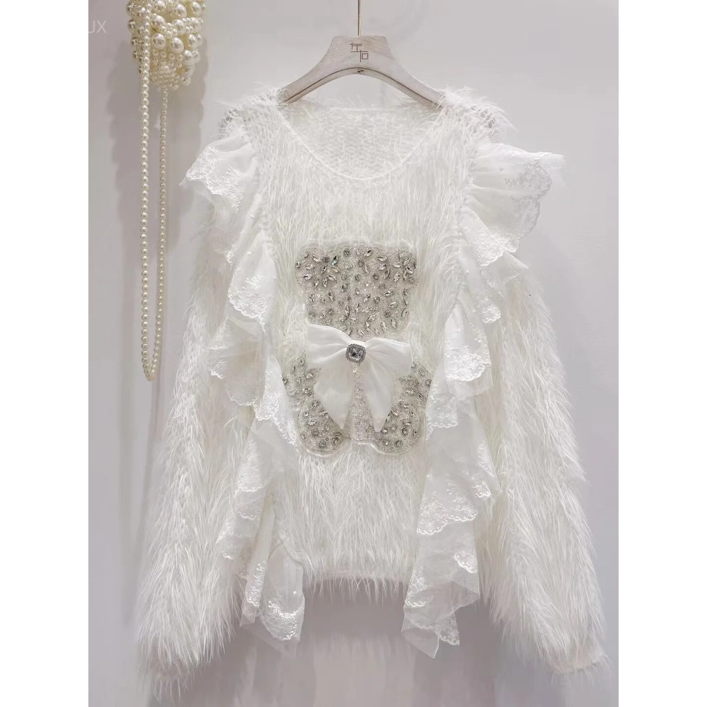 Sweet Jumper Korean Fashion Pullovers 2026 Women's Clothing Heavy Bear Sequin Cute Sueter Casual Knitted Ruffles Sweater Tops