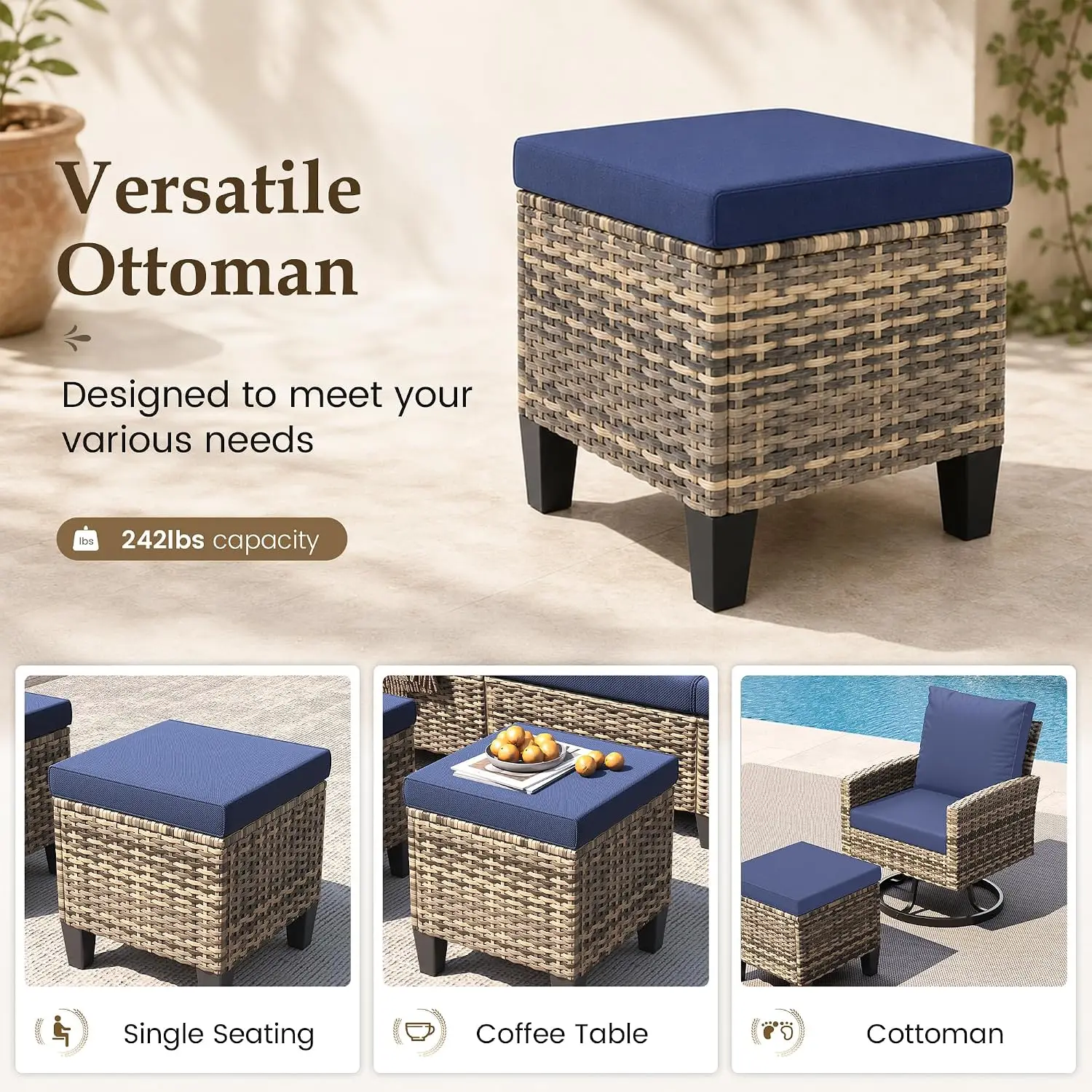 7 Pcs Patio Furniture Set with Fire Pit Table & Swivel Chairs, Navy, Customized