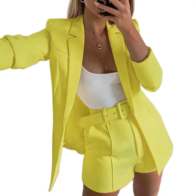 3-Piece Jacket Shorts Belt 2022 New Woman Blazers Casual Long Sleeve Oversize Fall  For Women Pink White 