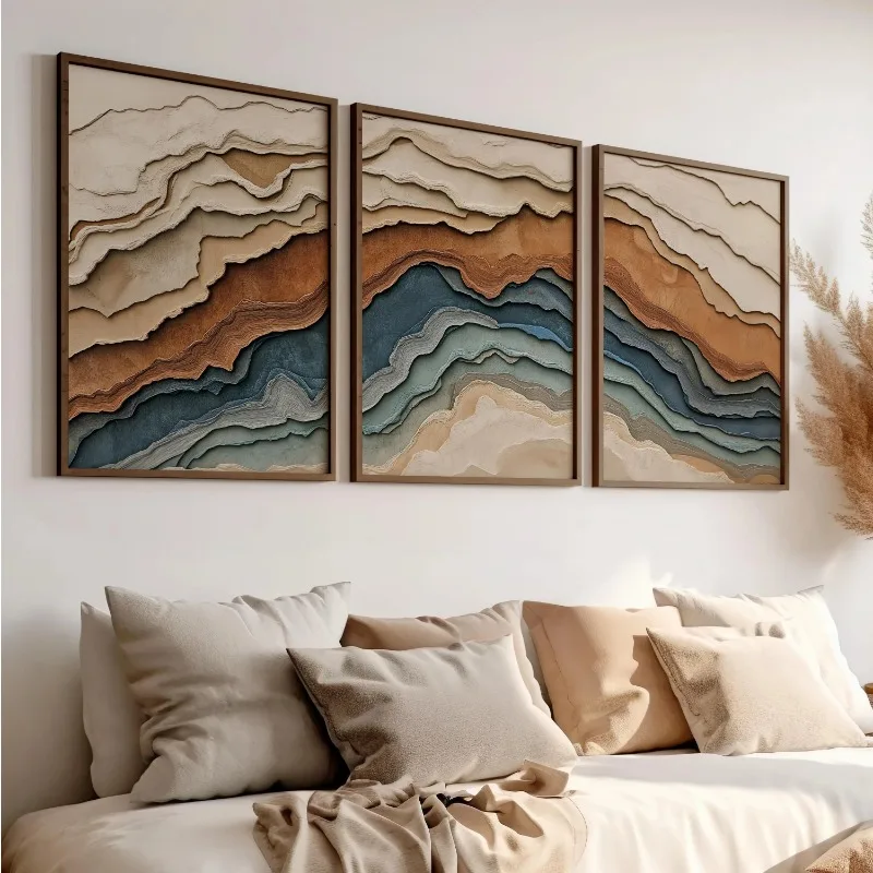 3pcs Neutral geological layered abstract wall art poster or canvas painting,earth tones and blue wave patterns, modern art