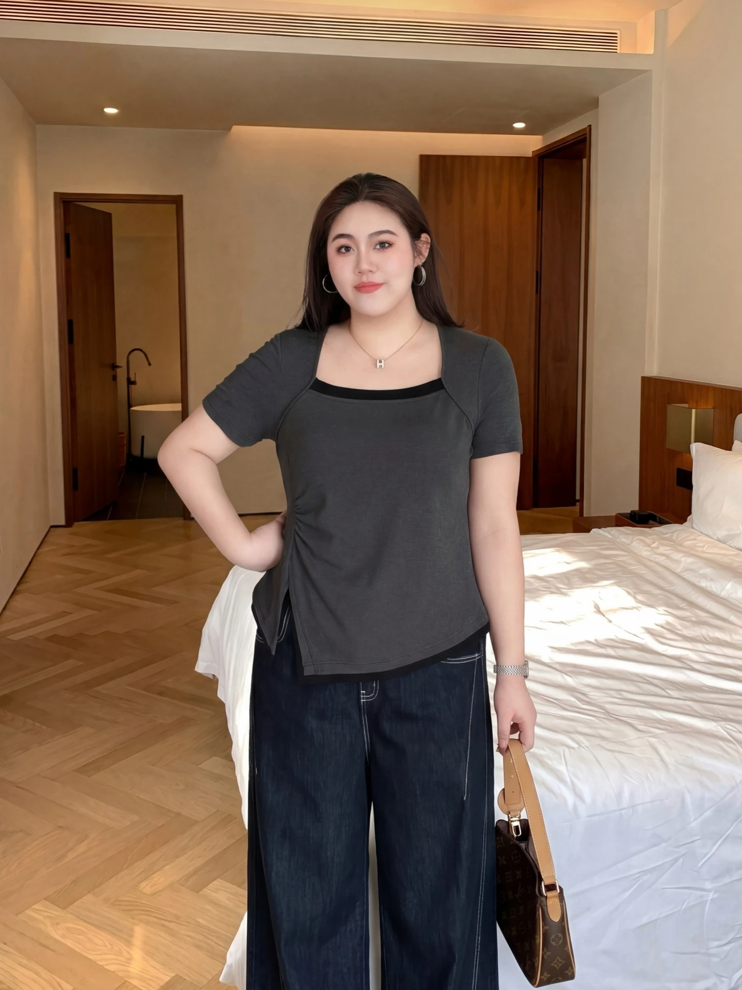 

Slimming Effect Summer Casual Square Collar Short Sleeve T-Shirt plus Size Women's Fashion Commute Style Standard Fit Tee