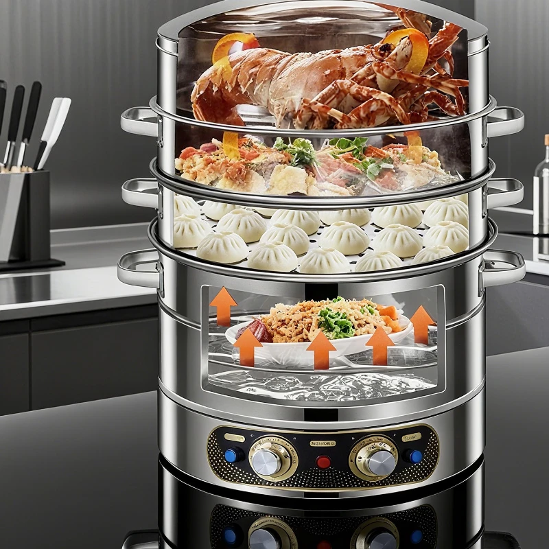 Commercial Stainless Steel Electric Steamer, 3-Layer Large Capacity Multifunctional Steamer for Bun Shop & Household Use