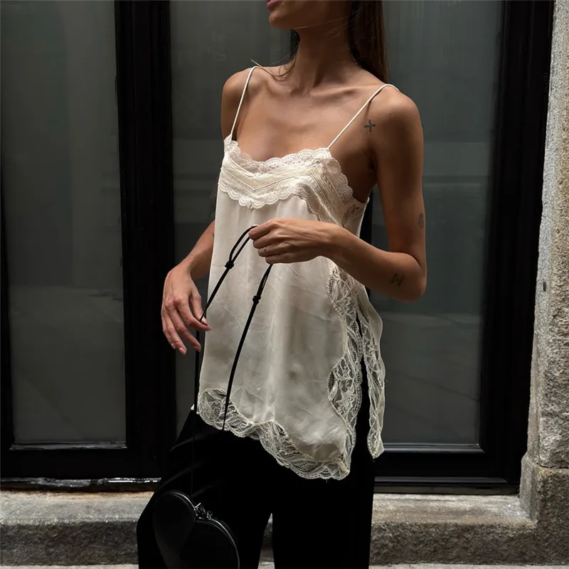 Hirigin النساء الدانتيل تقليم الساتان عالية منخفضة القمم الحرير السباغيتي حزام الجانب سبليت غير المتكافئة كامي الأعلى فلوي حريري طبقات القمم #1