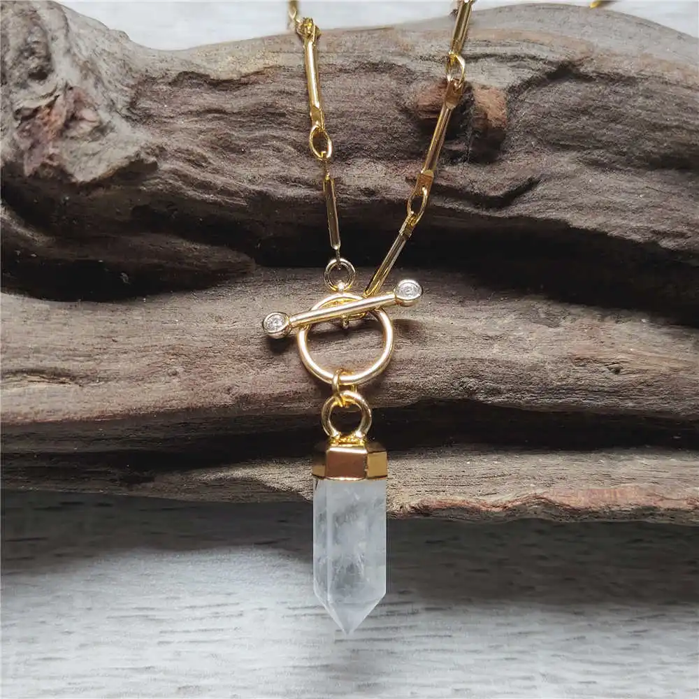 FUWO 1Pc Handcrafted Natural Quartz Necklace,Golden OT Buckle Chain Multicolour Healing Crystal Point Jewelry For Women (NC125)