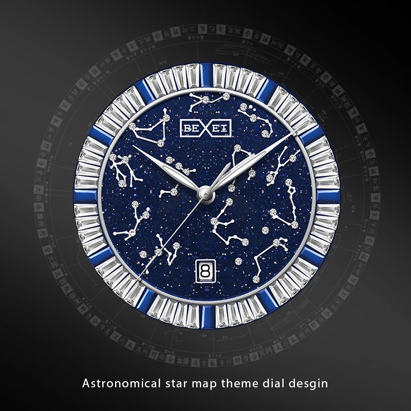 BEXEI 2025 affichage de la Date mouvement mécanique automatique 36 lunette en Zircon thème de la carte étoile astronomique montre homme saphir affaires
