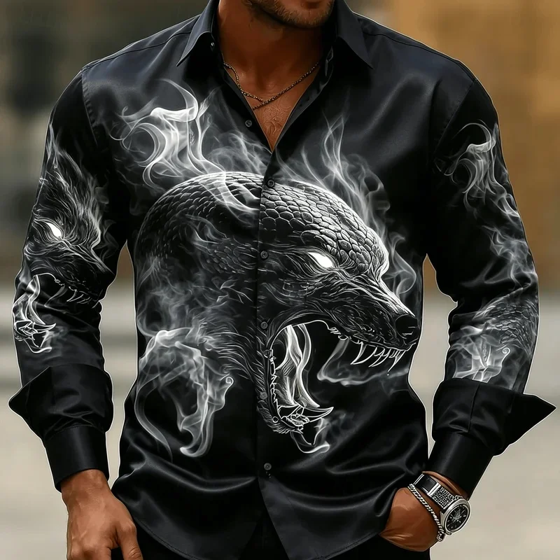 Men's Black Dragon Print Long Sleeve Shirt, 3D Twin Head Dragon with Flames, Gothic Fantasy Style Button Down for Spring Summer