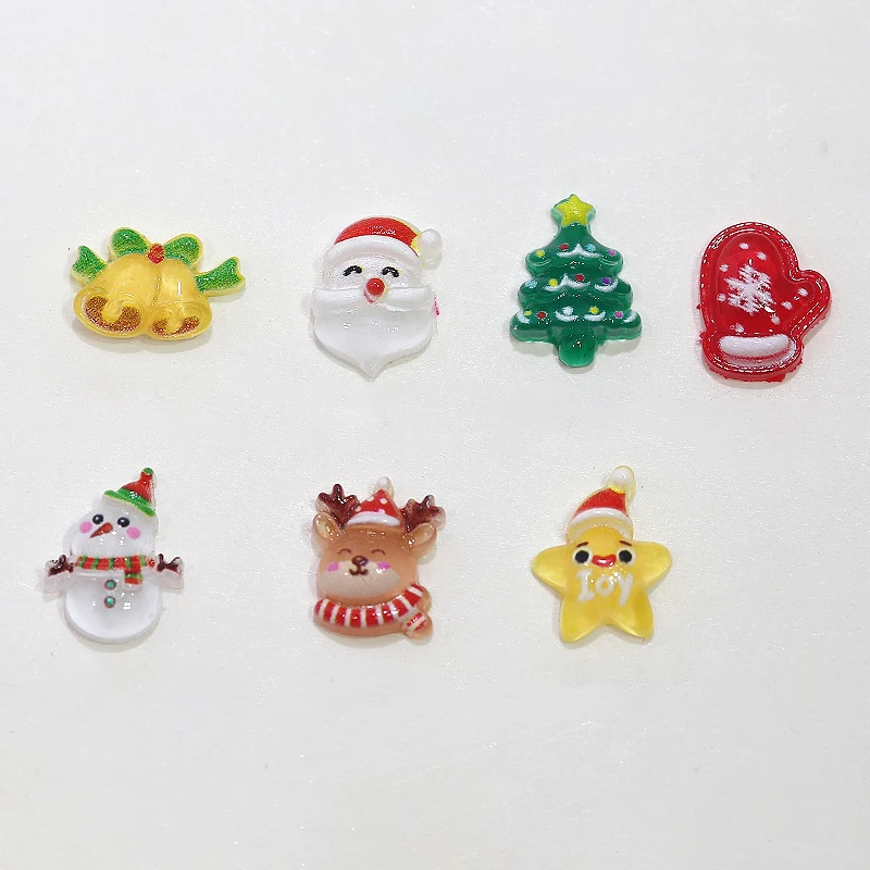 10Pcs Christmas Cartoon Nails Decoration Santa Claus Elk Bell Tree Resin Nail Charms Cute Jewelry Party Decoration Accessories