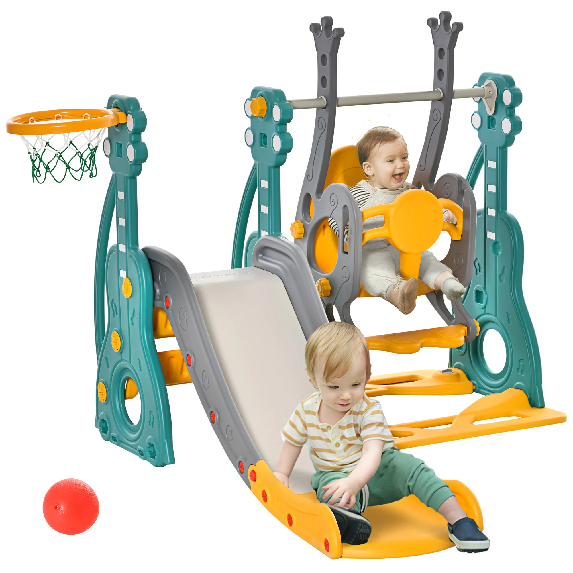 HOMCOM Scivolo e Altalena per Bambini 4 in 1, Parco Giochi per Bambini con Canestro da Basket, Scivolo, Altalena, Seduta