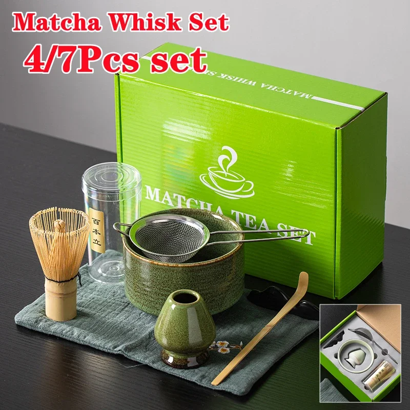 4/7PCS Ceramic Glaze Matcha Set Safe Bamboo Whisk Teaspoon Tea Indoor Beverage Shop Tea-making Tools Accessories Birthday Gifts