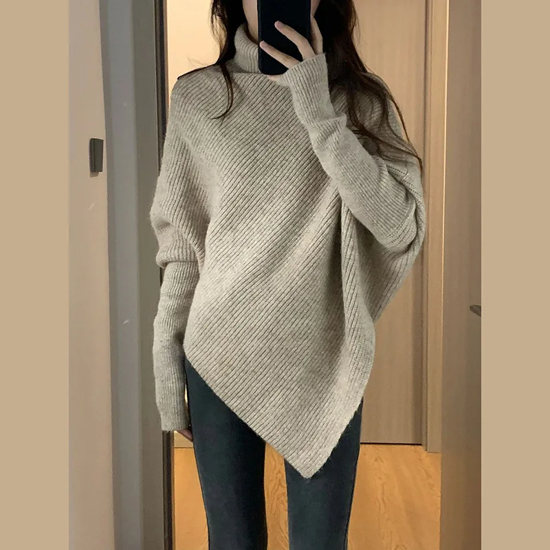 High Neck Knit Pullovers Women Fall Winter Korean Casual Loose Asymmetric Long Sleeve Sweater Tops 4 Colors