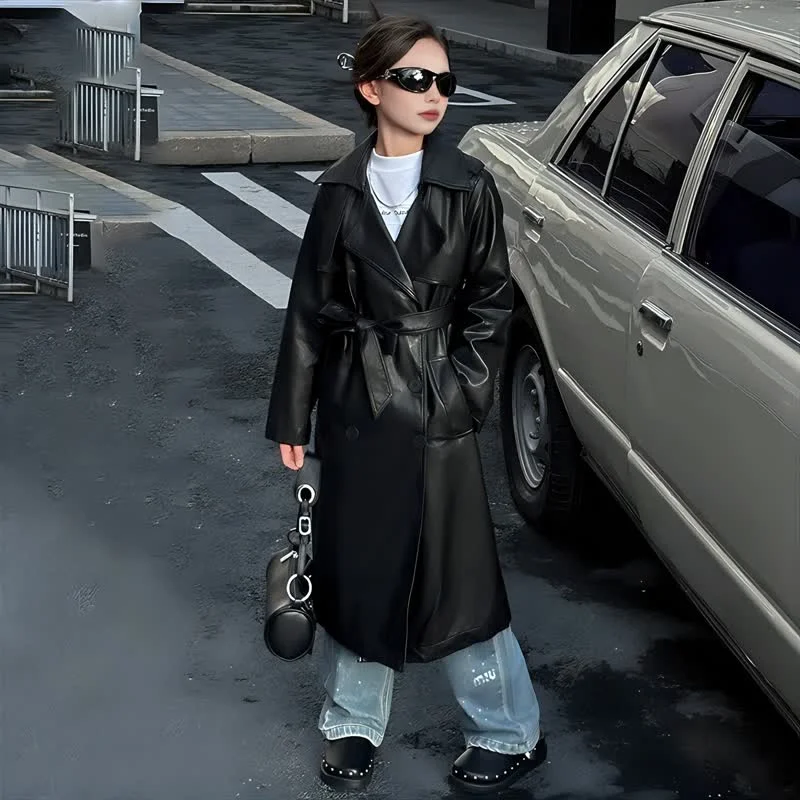 Trench Coats for Girls Fall Black Long PU Leather Coats Fashion Daily Teenage Children Jacket 10 12 14 Years Casual Outerwear