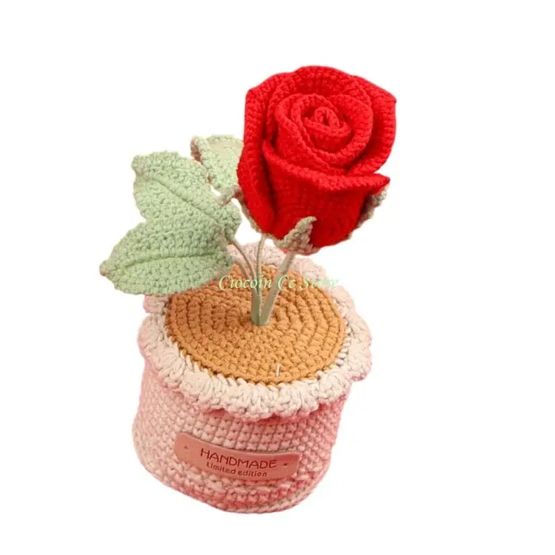 X90F Artistic Handmade Woolen Knitted Rose In Mini Pot Creative Desk Decoration Perfect Present For Mother Wife Girlfriend