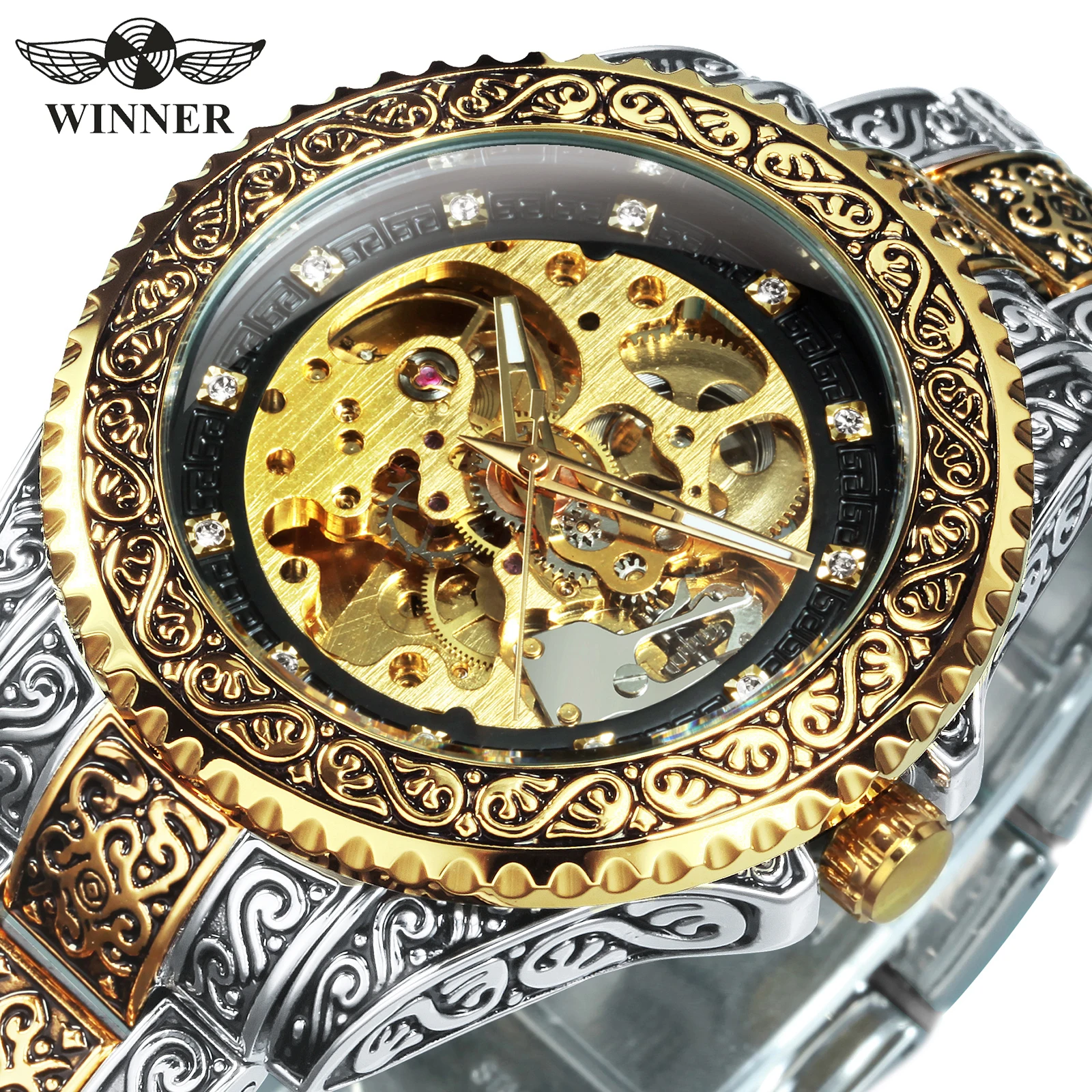 

WINNER Luxury Retro Automatic Watch for Men Gold Carved Stainless Steel Band Luxury Diamond Skeleton Mechanical Watches Luminous