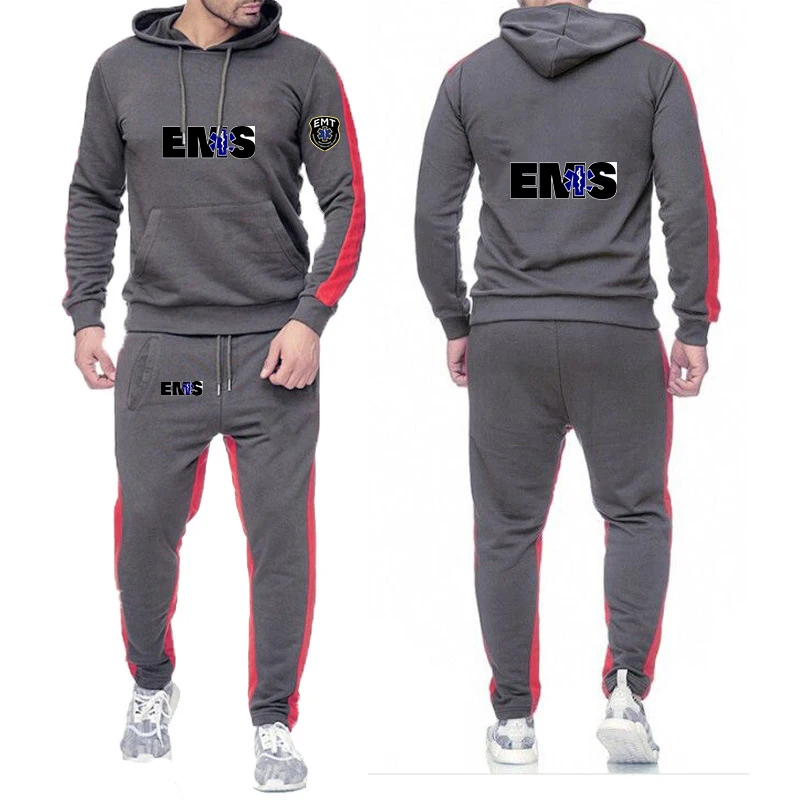 

2026 EMT Emergency Ambulance EMS Print Spring And Autumn Men's New Solid Color Hoodies + Sweatpants Comfortable Suit