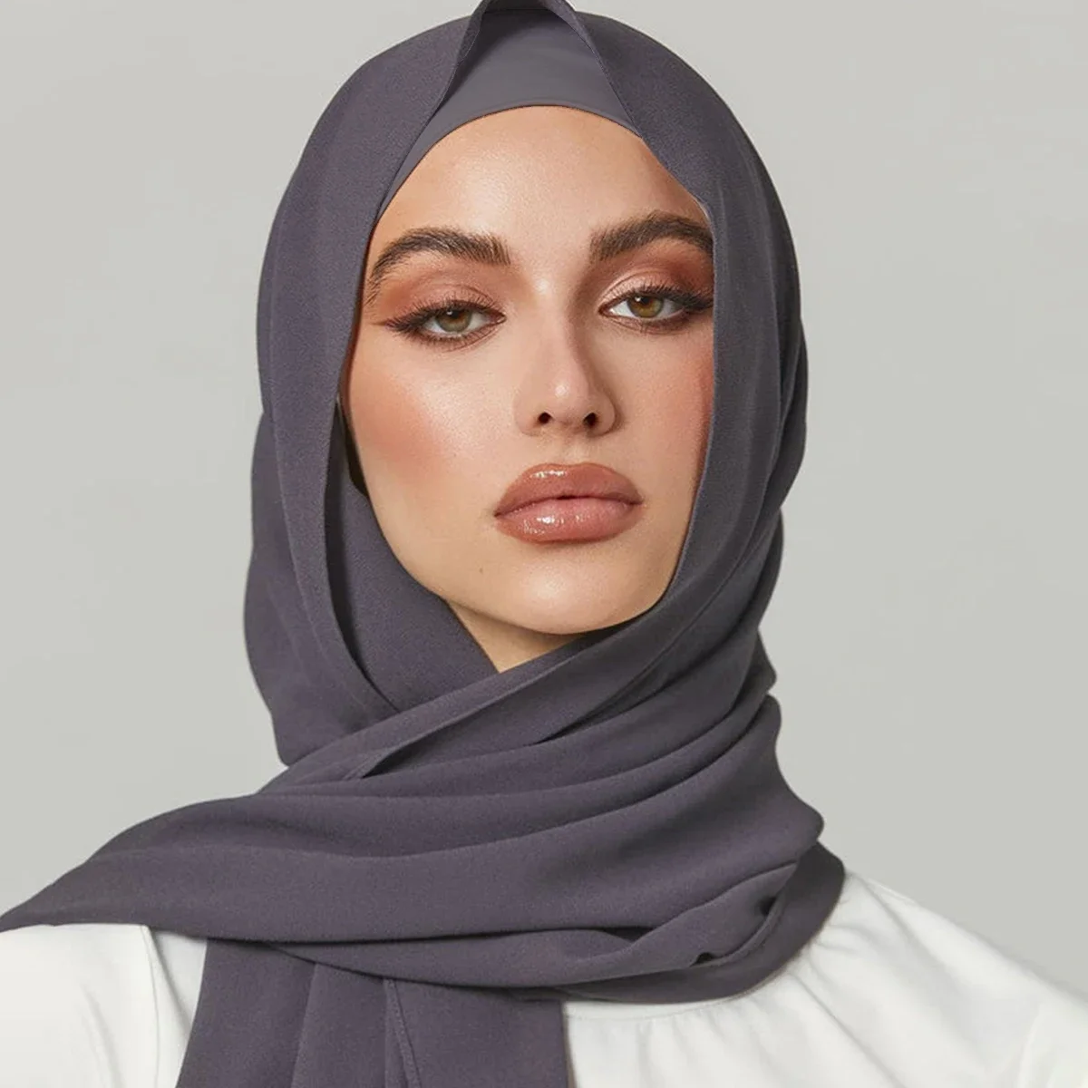 2pcs/Set Chiffon Shawl With Tie Rope Bottom Cap Solid Color Chiffon Hijab Matching Hijab Undercap For Woman Fashion Headband