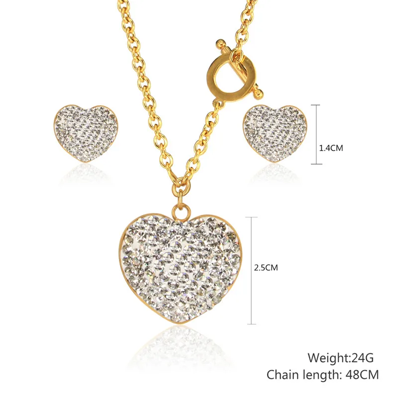 Cubic Zirconia Heart Necklace Set Stainless Steel Jewelry Heart LOVE Earrings For Women Fashion Jewellery Accessories