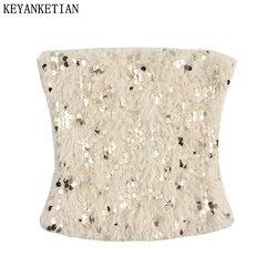 KEYANKETIAN 여성용 스팽글 깃털 장식 코르셋 크롭 조끼, 세련된 럭셔리 이너 스타일, 가슴 랩 파티 탑, 2024 신상 출시