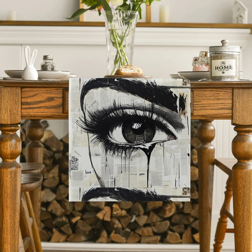 Eyes Face Newspaper Text Table Runners Kitchen Table Decoration Washable Dining Table Runner Wedding Party Decorations