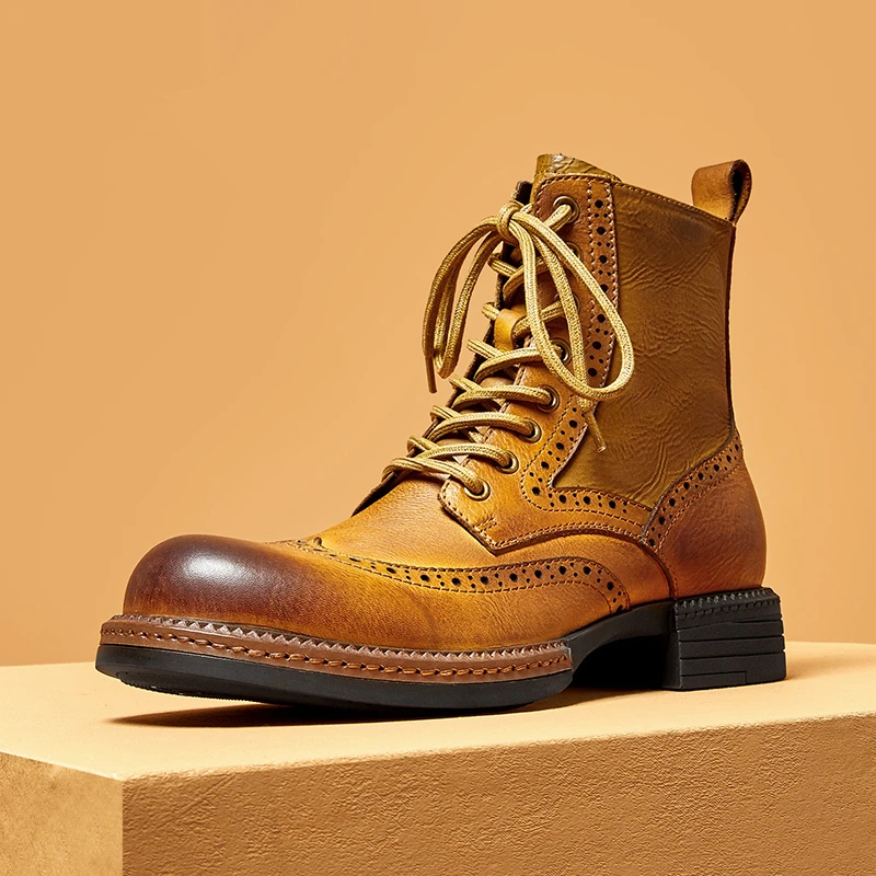 Soft Genuine Leather Carving Ankle Short Boots Men\'s Spring Autumn Lace Up Brogue Shoes Cool Man