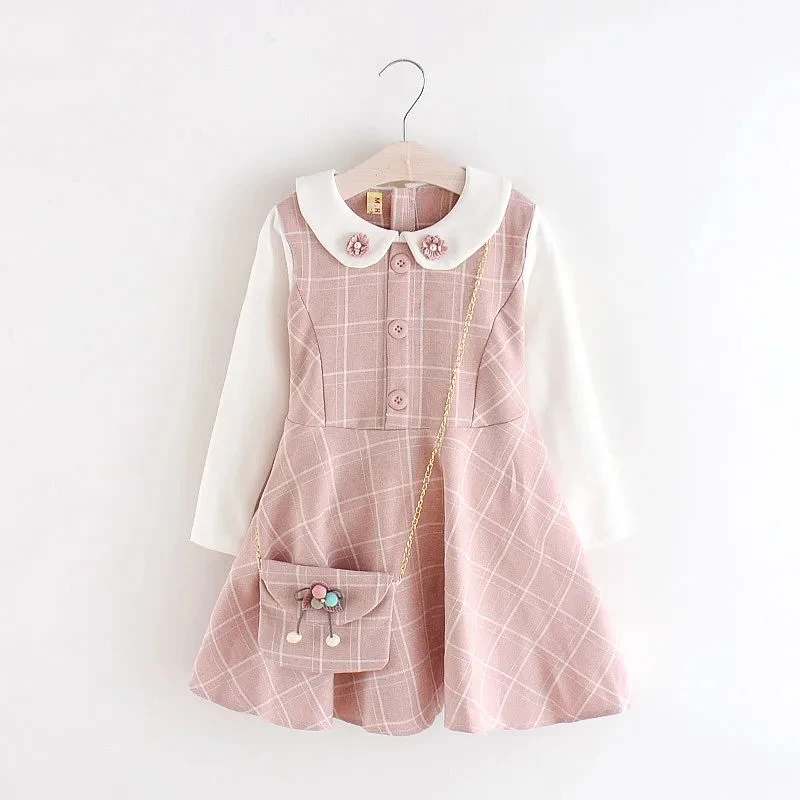 Spring and Autumn Children's Dresses New Girls Princess Dresses Long Sleeves Plaid Dresses Girls Baby Dresses Free Bag