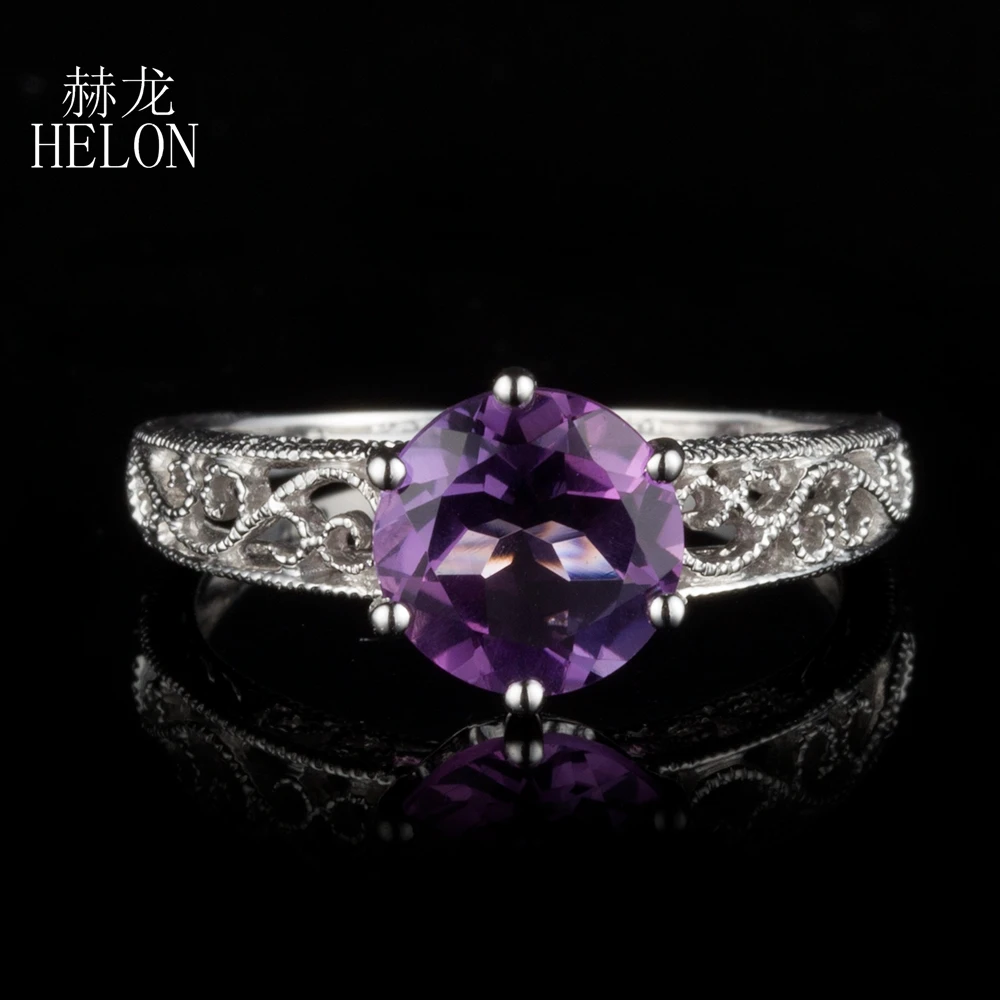 

HELON Solid AU585 14k 10K White Gold Flawless Round 8mm Genuine Natural Amethyst Women Vintage Fine Jewelry Engagement Ring