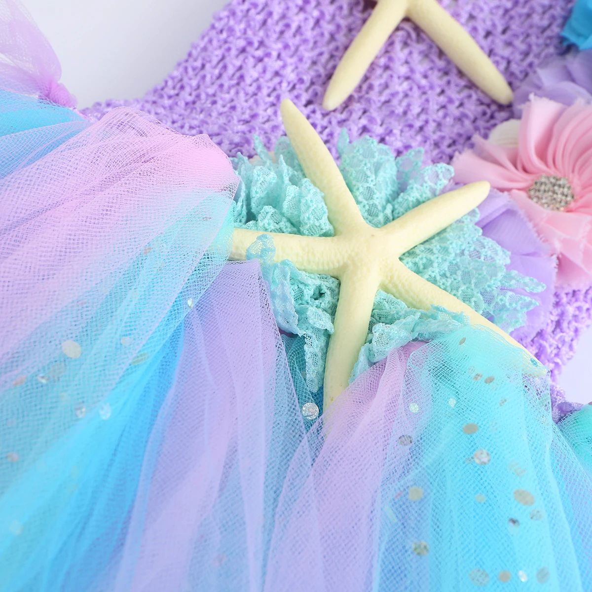 Girls Pastel Ariel Mermaid Tutu Dress the Sea Theme Party Costume with Flower Headband Ocean Flower Purple Birthday Dress