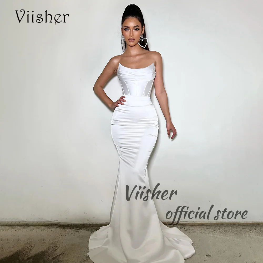 

Viisher White Mermaid Wedding Dresses Pleats Satin Sexy Scoop Beach Bridal Gowns Long Slim Fits Wedding Bridal Dress Customized